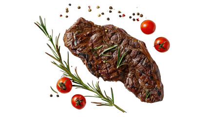 Grilled beef steak decorated with cherry tomatoes, rosemary and spices on transparent background