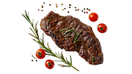 Grilled beef steak decorated with cherry tomatoes, rosemary and spices on transparent background