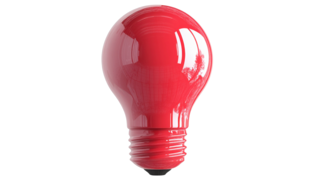 Red light bulb shining with transparent background representing innovation