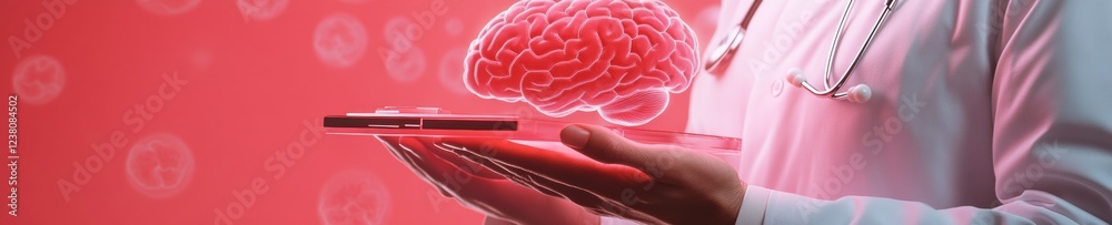 Poster neuroscience tech aesthetic holographic brain scan on tablet in clinical setting - cutting-edge diag