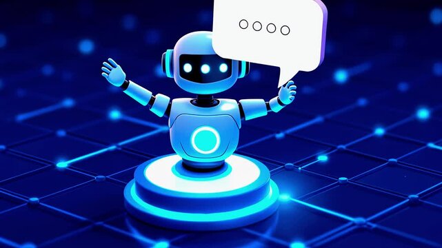 A friendly robot character interacts with users in a futuristic digital environment, showcasing technology