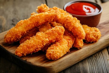 Crispy chicken finger snacks sticks with ketcup