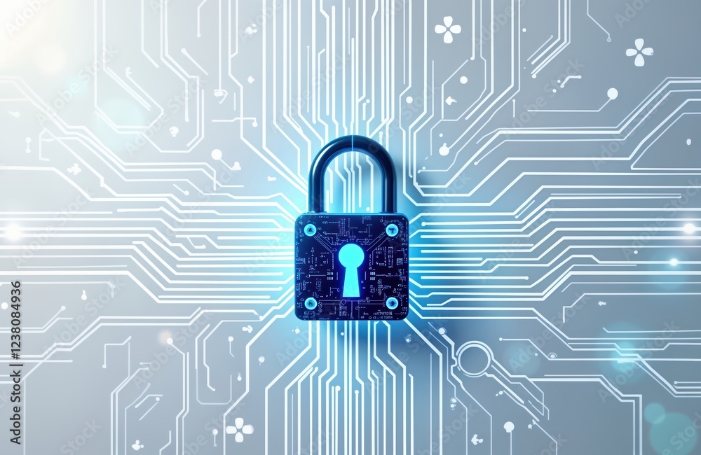 Poster futuristic padlock displays advanced cyber security. digital lock on tech background. secure interfa