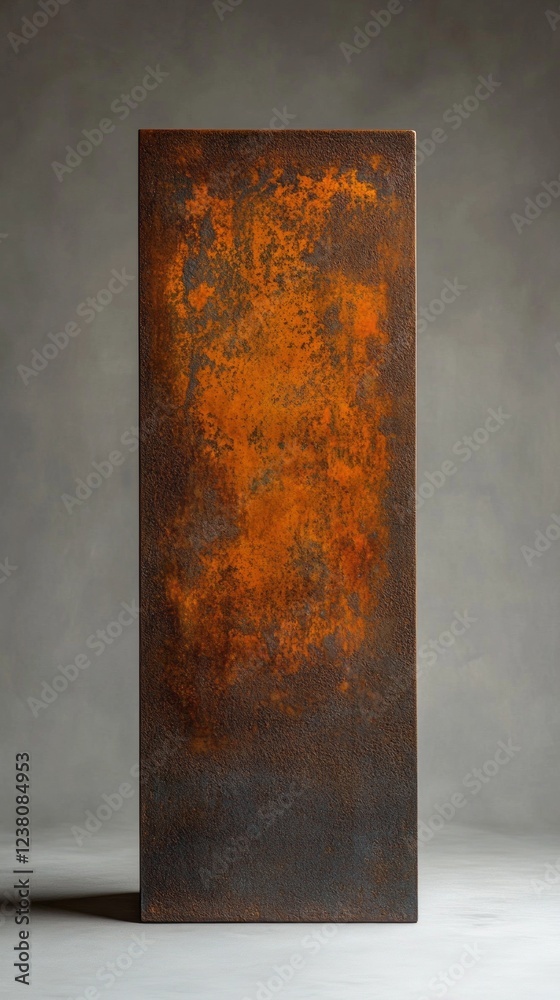 Poster a rust-colored podium stands majestically in a minimalist environment, its surface marked by intrica