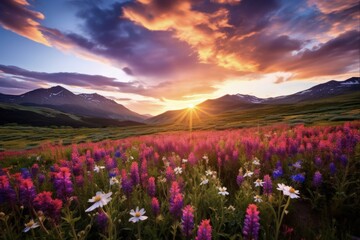 Wildflower Sunrise Above Crested Butte. Colorful Field of Wildflowers with Beautiful Sunrise and Clouds. Early Morning Nature Scene