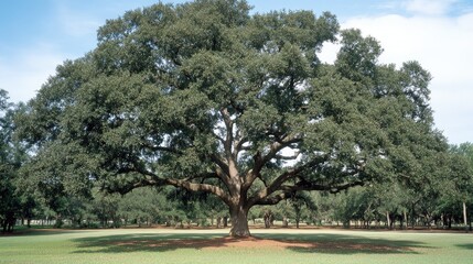 Obraz premium Bright summer day showcases a large oak tree casting shadows in a green field, with birch trees in the foreground under a clear blue sky