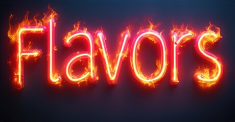 Glowing neon letters spelling Flavors on fire buzzing in fiery red with a bright high-contrast effect set against a dark background creating a bold and intense ambiance