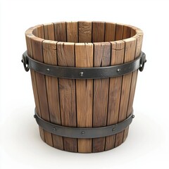 rustic wooden bucket with metal bands, centered on a clean white background