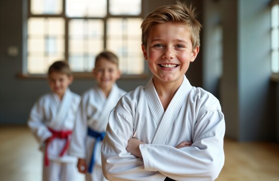 Happy young European boy in martial arts uniform. Smiling, looking at camera. Children in background. At training class. Photo captures activity in sport class, likely judo karate. Shows happy child