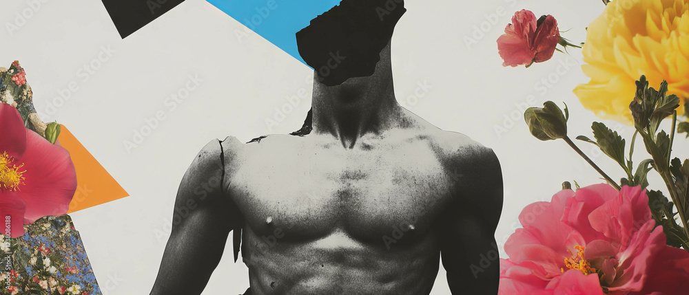 Poster minimalist collage featuring geometric shapes and a fragmented statue torso on a white background