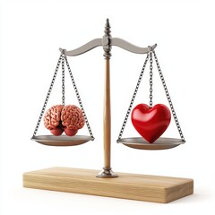Scale balancing a heart and a brain, representing an emotional or logical choice, isolated on a clean white background