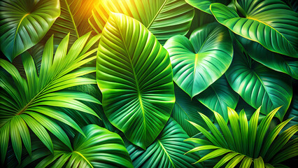 Lush Tropical Foliage: A vibrant tapestry of large, green tropical leaves bathed in warm sunlight, creating a lush and exotic background perfect for design projects. 