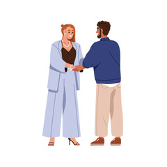 Happy people, partners greeting, welcoming, thanking with hand gesture. Support, trust and respect sign at professional business meeting. Flat vector illustration isolated on white background