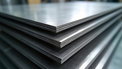 Stacked stainless steel sheets. Metal plates arranged neatly. Industrial metal product. Close up view. Manufacturing process warehouse storage. Pro equipment. Sheet metal components. Quality