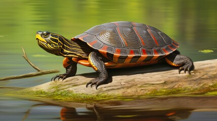 Obraz premium Young Eastern Painted Turtle in Nature. Small Painted Turtle Hatchling with Red Accents in Wildlife Setting