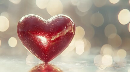 Fototapeta premium Romantic crimson heart shaped object on a luminous light background with subtle reflections for a clean elegant and premium look The heart symbol represents love