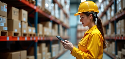 Woman warehouse worker uses tablet to check stock in warehouse. Checking inventory on shelves. Smart tech for warehouse management. Supply chain logistic concept. Industrial setting. Professional