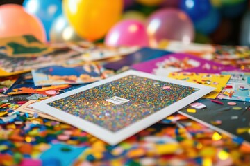 Naklejka premium Celebratory birthday cards display festive party setting colorful party environment joyful atmosphere creative viewpoint inspiring card designs and decorations