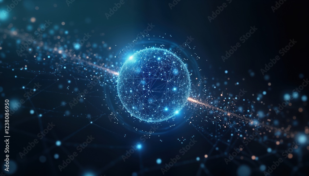 Poster Abstract digital sphere network. Futuristic tech visualization of interconnectedness in space. Complex structure with glowing lines, points. Illuminated sphere shows global data communication virtual