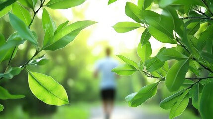 Bright green leaves frame a blurred runner, jogging on a sunny path in the woods, enjoying the outdoors in nature.