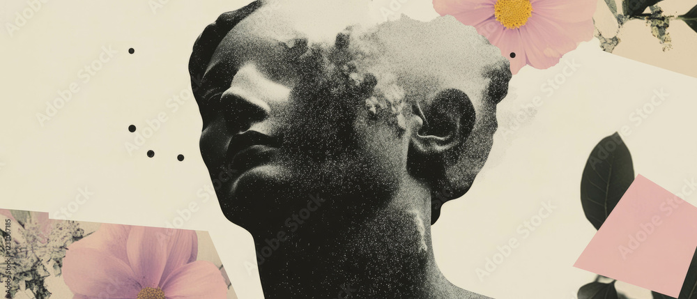 Poster minimalist collage blending geometric shapes and floral elements with a dissolving statue