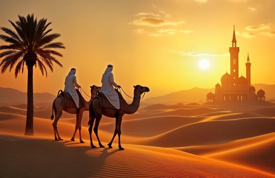 Men ride camels in golden desert landscape near mosque. Sunrise illuminates sand dunes, palm tree. Islamic architecture, culture displayed in serene scene. Travel destination, cultural heritage