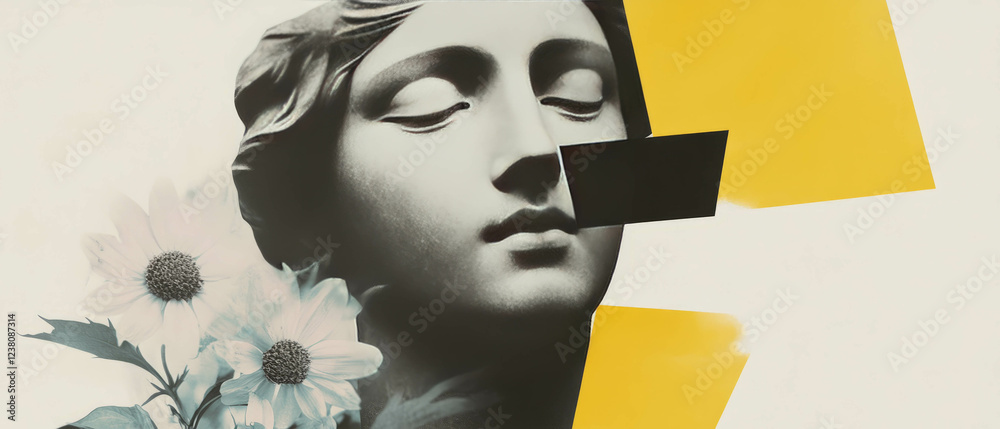 Poster minimalist collage of a serene statue's face with geometric shapes and floral elements