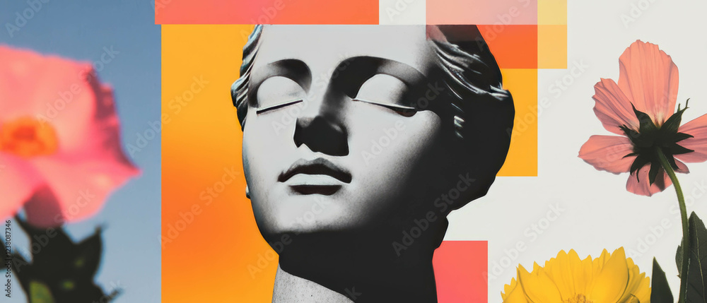 Poster minimalist collage featuring geometric shapes and a statue's serene expression