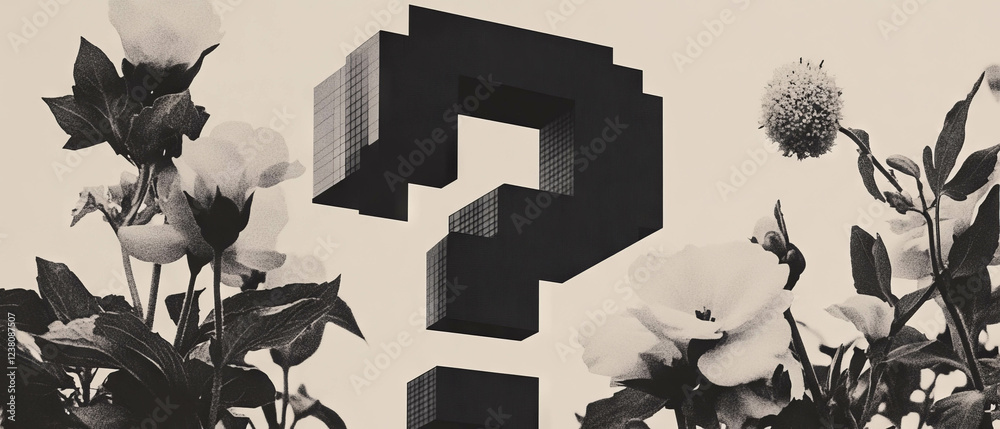 Poster minimalist collage of geometric shapes and flowers with a pixelated question mark