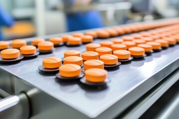 Orange pills move along a metal conveyor, pills on a production line in a factory