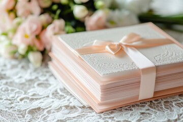 Elegant wedding invitation cards stacked on delicate lace table romantic floral surroundings high-quality photography intimate wedding concept