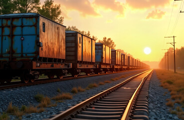 Obraz premium Rusty cargo train moves on railway at sunset. Heavy freight wagons transport industrial goods. Sunrise sunset light illuminates train on rail tracks. Old style transport concept. Railway tracks go