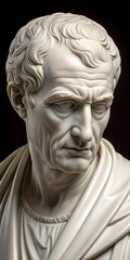 Obraz premium A highly detailed marble sculpture of an ancient philosopher with a stern expression. The classical statue showcases intricate artistry and lifelike textures.