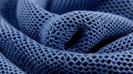Close-up of textured blue mesh fabric, showcasing its intricate pattern and flexibility.