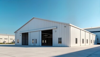 Modern white industrial warehouse tent stands on concrete. Spacious open area. Large sliding doors. Warehouse building with clear sky background. Empty modern construction. Commercial property.