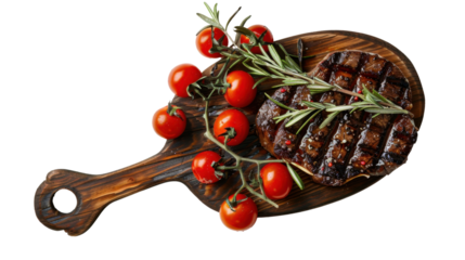 Grilled beef steak with rosemary and cherry tomatoes on wooden cutting board with transparent background