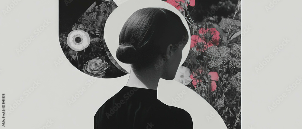 Poster minimalist collage featuring geometric shapes and floral elements with a distorted reflection