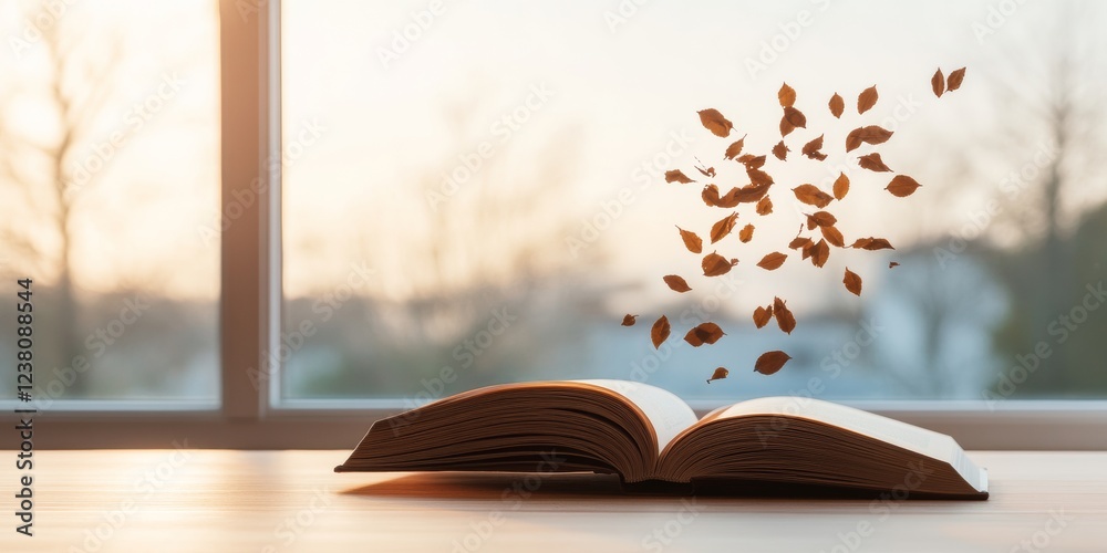 Leinwandbilder Ethereal Illumination on Open Book with Floating Leaves Aesthetic Visual for Educational and Inspirational Environmental Content Marketing in Modern Publishing Spaces