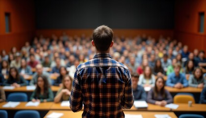 Professor addresses large student audience in classroom. Man giving lecture to attentive students. Learning environment indoor. Education setting for university college. Knowledge transfer in