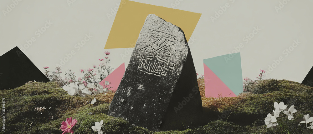 Aufkleber illuminated rune stone collage with geometric shapes and floral elements on a white background