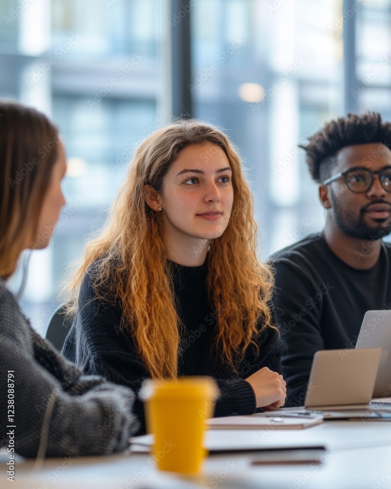 Aufkleber modern coworking synergy diverse startup team collaborating on branding strategies in a sleek high-t