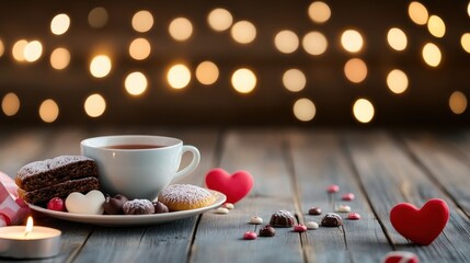A cup of tea, cookies, sweets, and hearts on a wooden table, with blurred warm lights in the background, creating a cozy, romantic atmosphere.