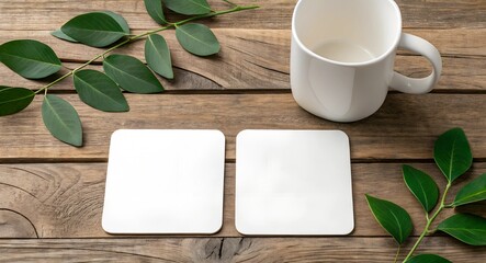 A mockup featuring two blank white square coasters on a rustic wooden table with green leaves and a white mug. Perfect for branding, design presentations, or product showcasing.