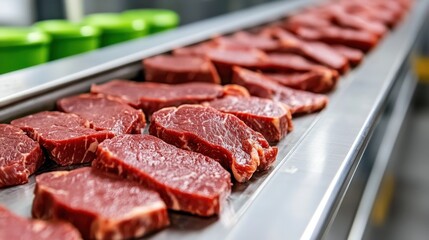 Fresh cut beef steaks on a conveyor, prepared for packaging in food factory.