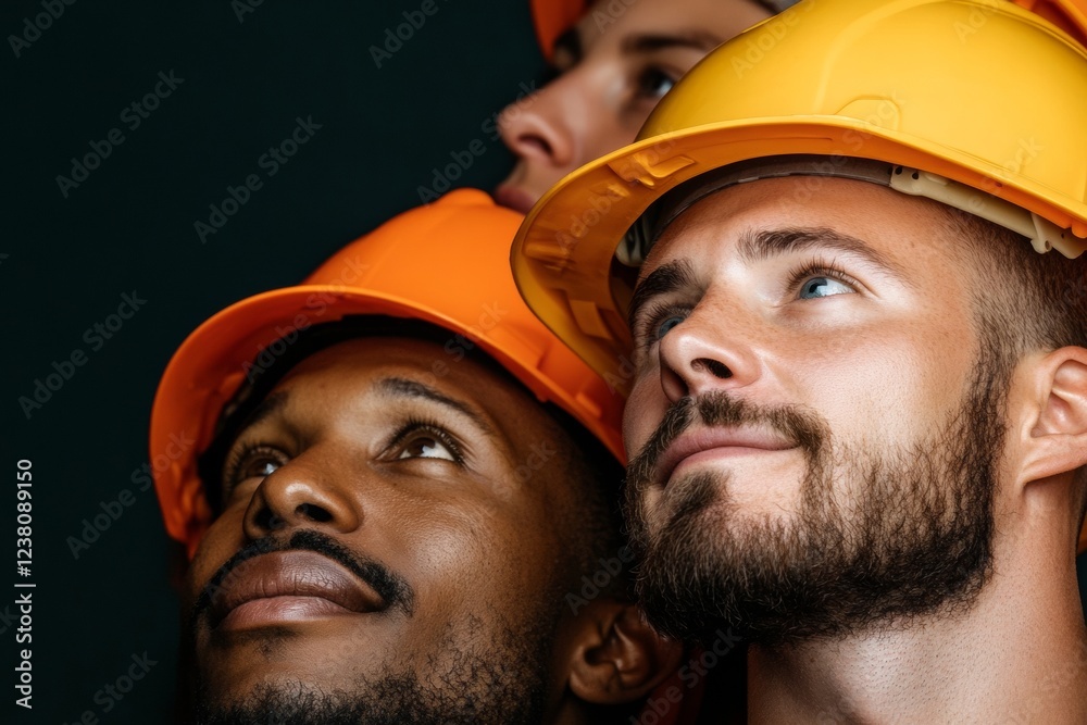 Poster collaborative construction dynamics diverse professionals in hard hats - enhancing urban development