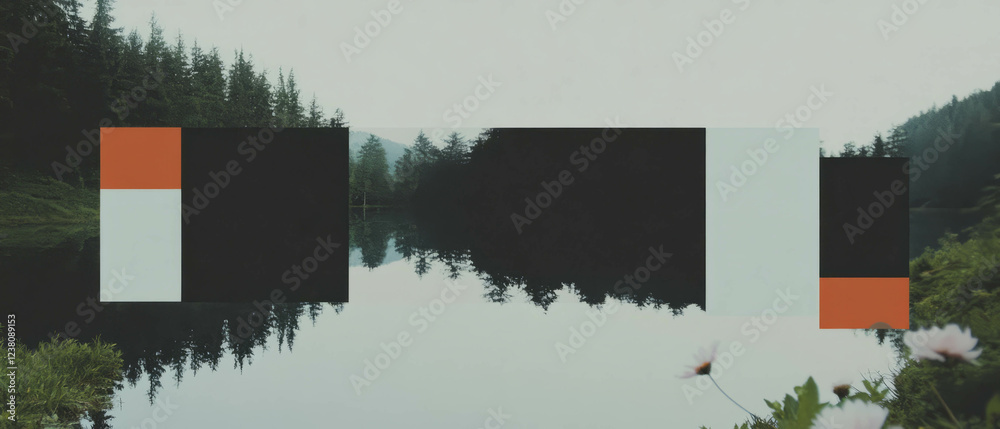 Poster minimalist collage featuring geometric shapes and tree reflections in a serene lake setting