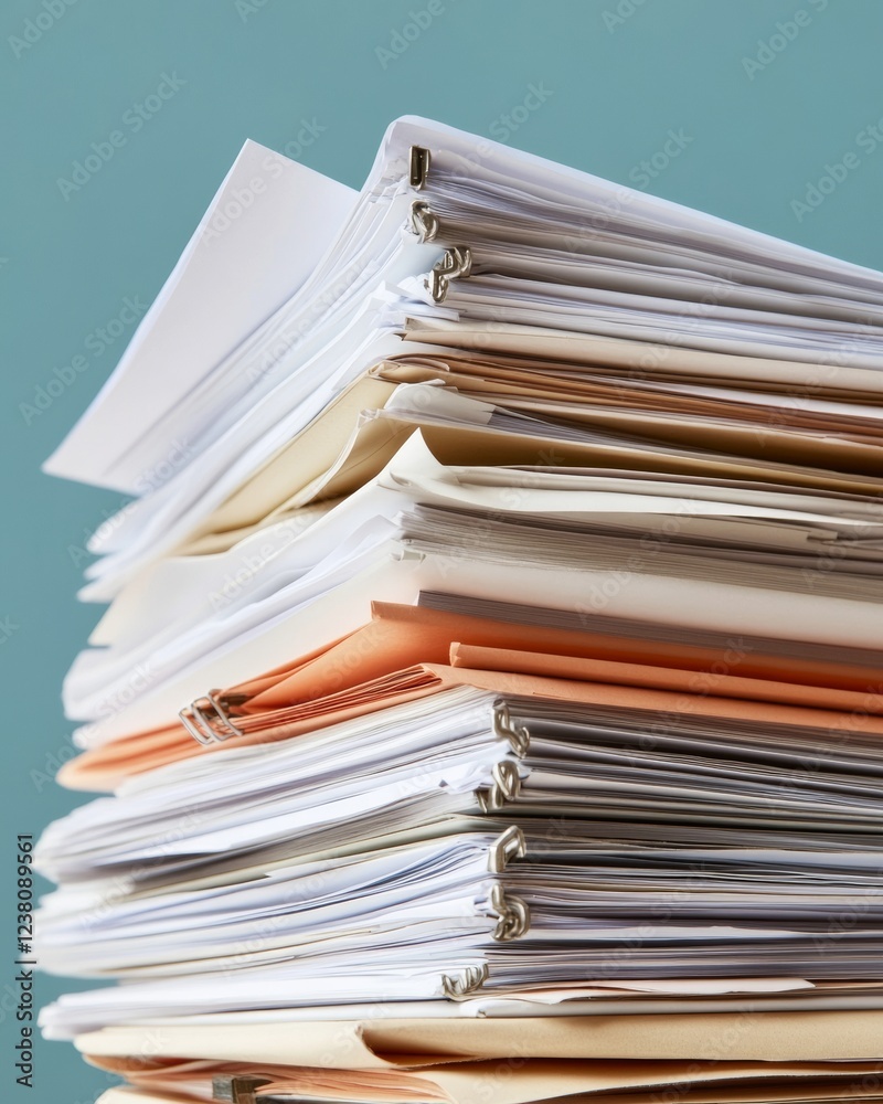 Poster minimalist document organization stacked business paperwork on pastel surface efficient administrati