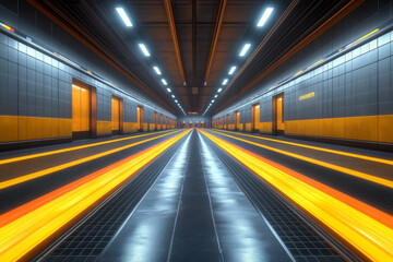 Fototapeta premium futuristic train station with vibrant orange and yellow lights illuminating sleek, modern architecture. perspective creates sense of depth and motion
