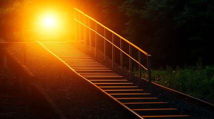 A bridge turning into a staircase, symbolizing elevation through connection, Realistic Photo Professional photography, Warm, soft directional lighting with diffused shadows,
