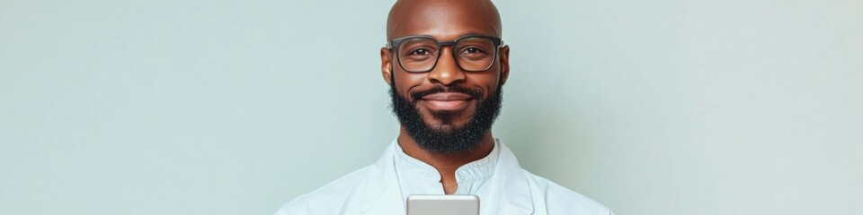 Fototapeta premium Minimalist Digital Professional Smartly Dressed Black Male with Smartphone - Tech-Driven Workflow and Digital Fitness in Modern Business Office Environment